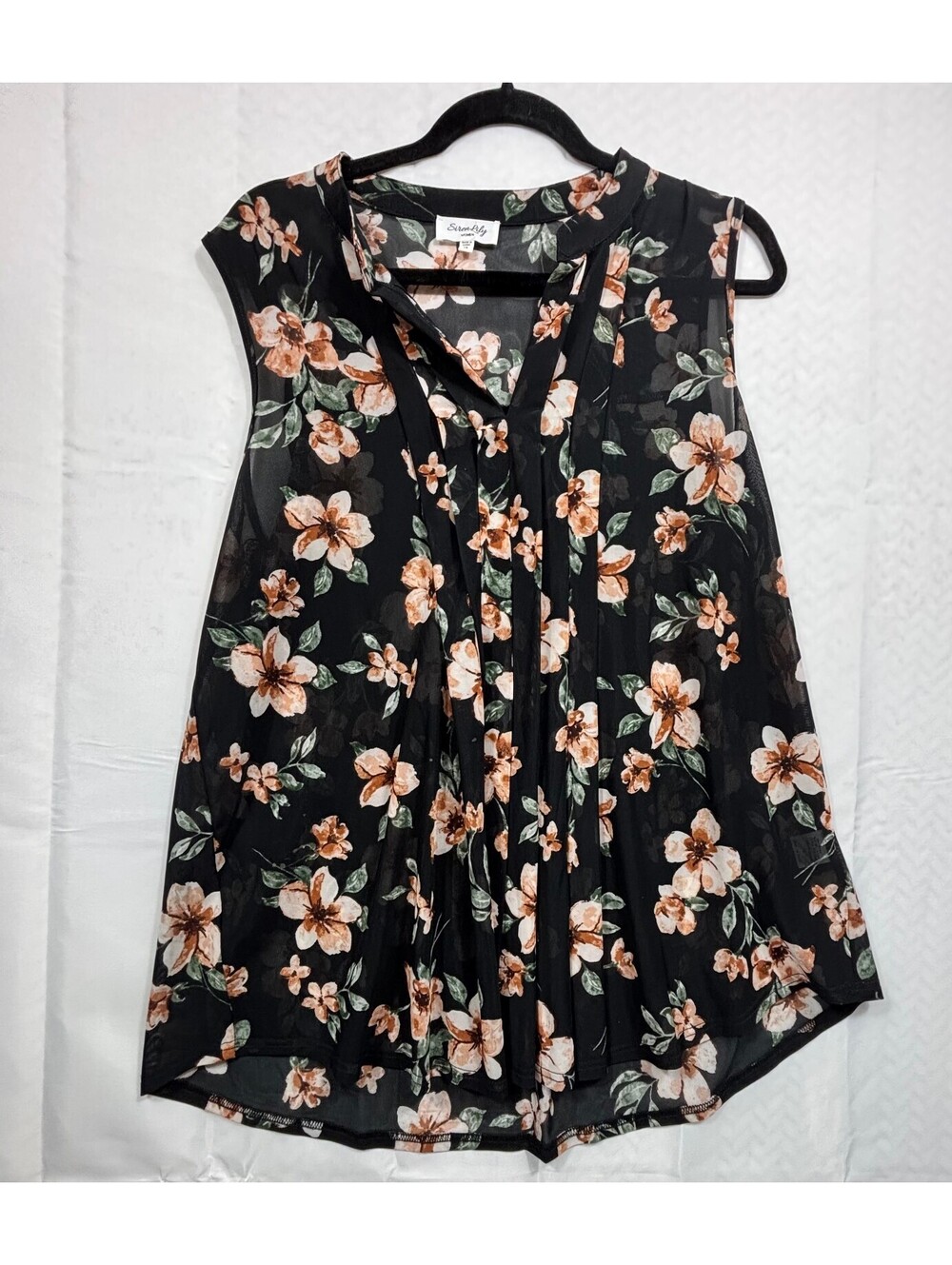Siren Lily Women's Floral Sleeveless Blouse 1X Black Sheer Polyester Top